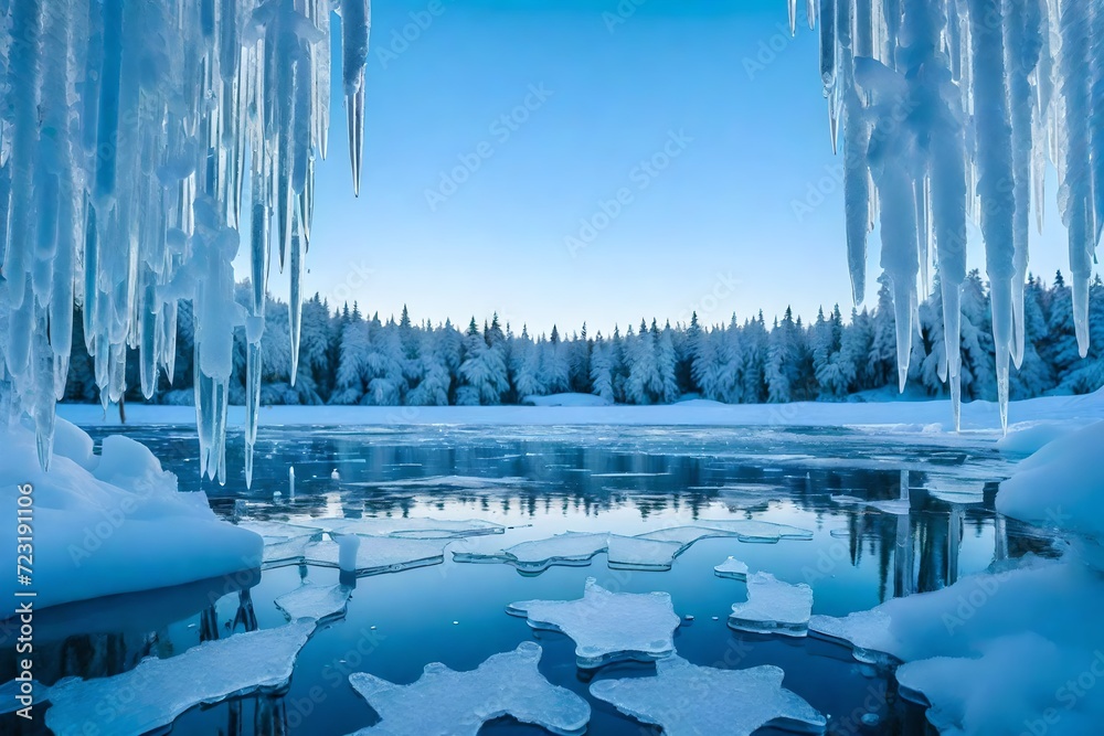 Ice frame window in frozen river with nice ice crystals nature abstract ...