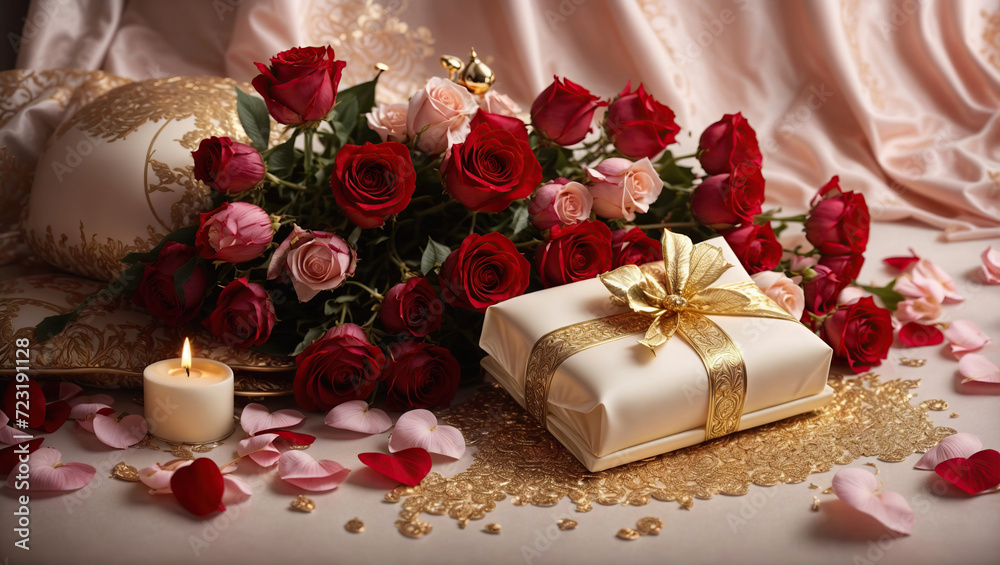 A beautiful Valentine's Day card with elements such as gifts, hearts, ribbons, and flowers on a pink-red background. A beautiful Valentine's Day card with elements such as gifts, hearts, ribbons, and flowers on a pink-red background.