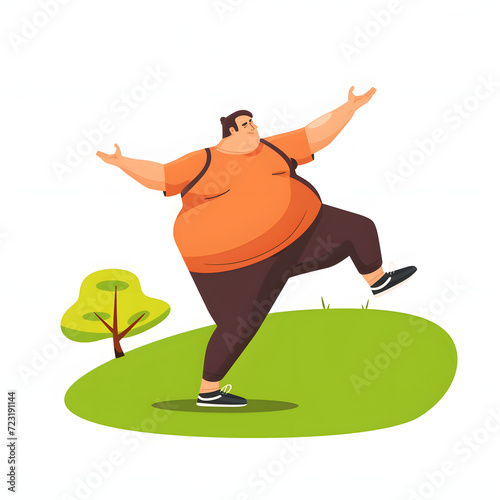 Obese person doing simple exercises in a park isolated on white background, cartoon style, png  © Pixel Prophet