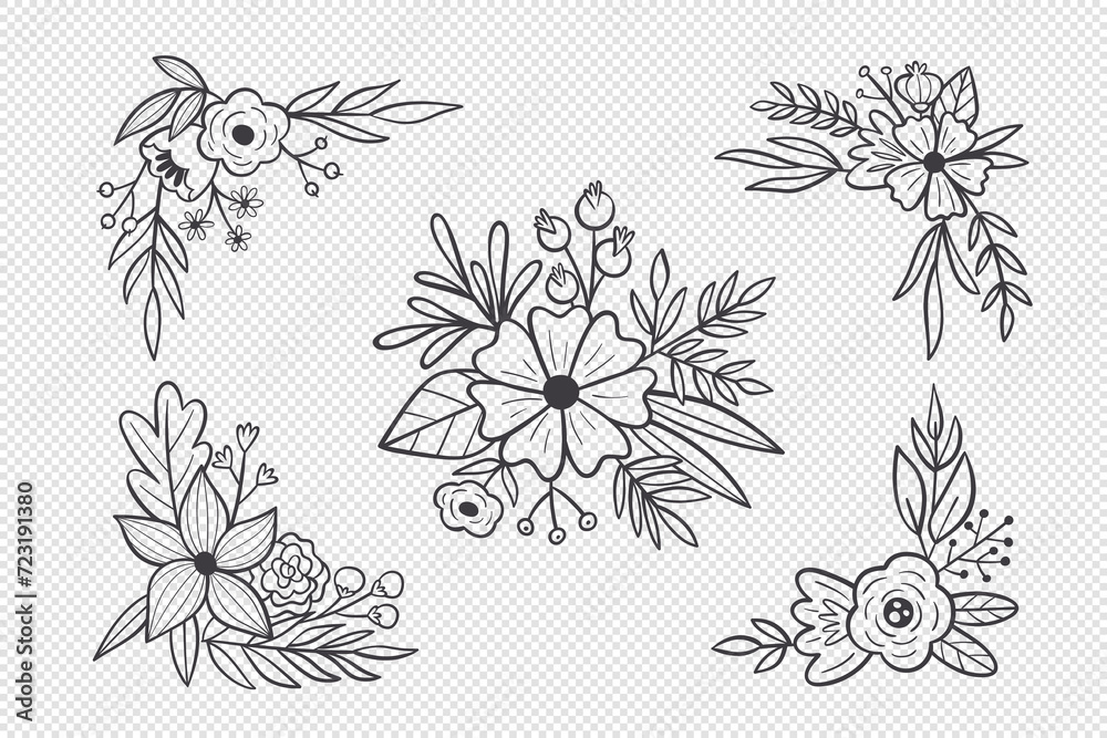 Fototapeta premium Cute floral decorative cliparts. Hand drawn botanical vector illustration. For greeting cards, wedding invitations, label design... Black and white corners and bouquets.