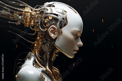A profile view of a humanoid robot with intricate mechanical details and gold accents on black background. Futuristic technology concept