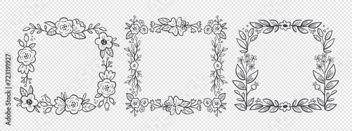 Floral frames. Hand drawn botanical vector illustration. For greeting cards, wedding invitations, label design... Black and white floral decorative frames.