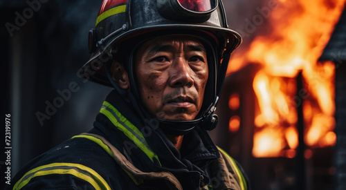 male firefighter asian with a cloud of fire and smoke in the background. 911 is a firefighter fighting fire. Brave people dangerous work. dangerous situation, the intensity and bravery. banner