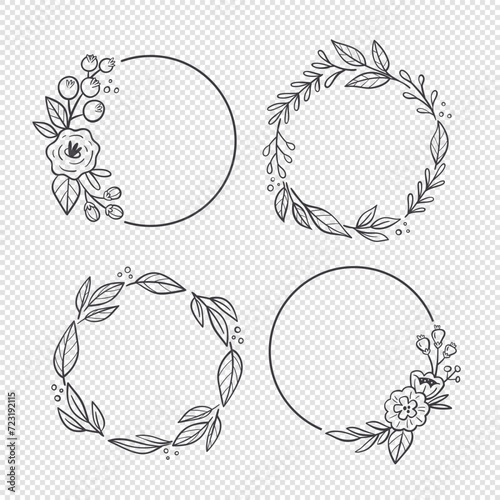 Floral wreaths. Hand drawn botanical vector illustration. For greeting cards, wedding invitations, label design... Black and white floral decorative frames.