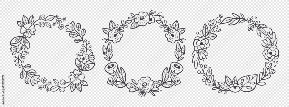 Obraz premium Cute floral wreaths. Hand drawn botanical vector illustration. For greeting cards, wedding invitations, label design... Black and white floral decorative frames.