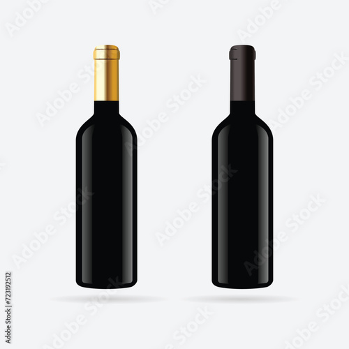 Red wine bottle black glass mockup, isolated vector illustration to put label. Dark green vineyard bottle for brand presentation. Unlabeled elegant vintage drink, luxury unopened alcohol