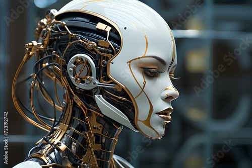 Portrait of a woman biorobot, representing futuristic technology and artificial intelligence. Generative AI.