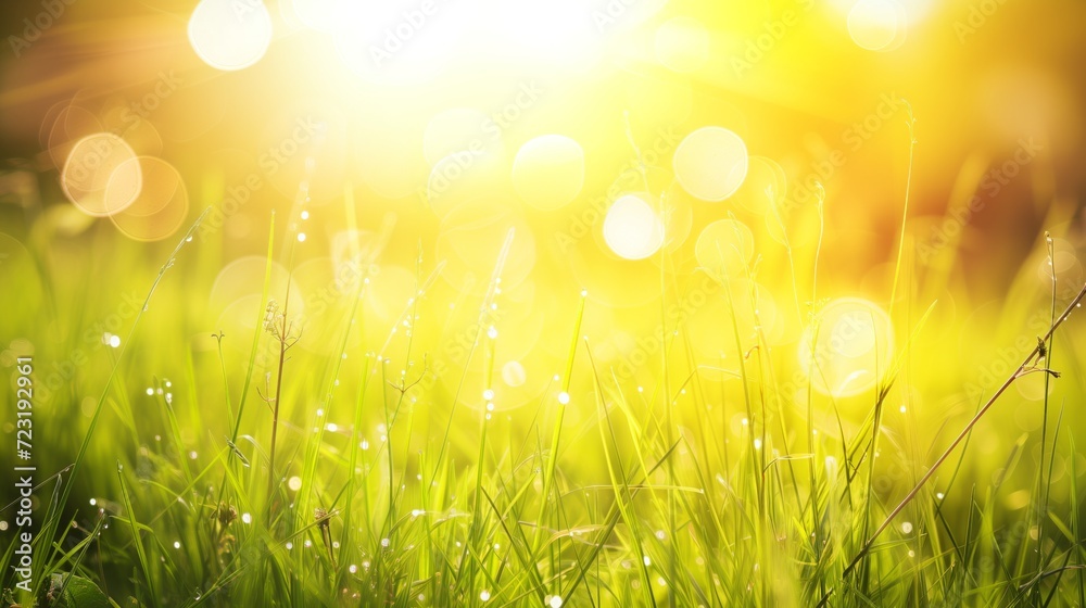 Background of meadow grass sun and bokeh lights, spring, summer season, easter, holiday