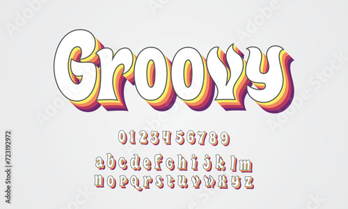 Groovy alphabet letters font and number. Typography retro style