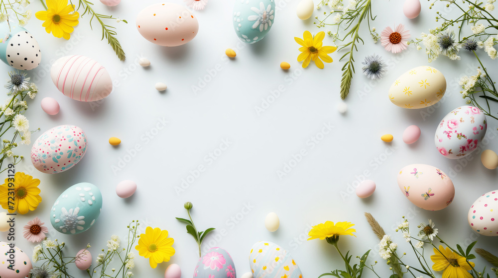 Easter background with copy space in the middle, border frame of easterr eggs and flowers