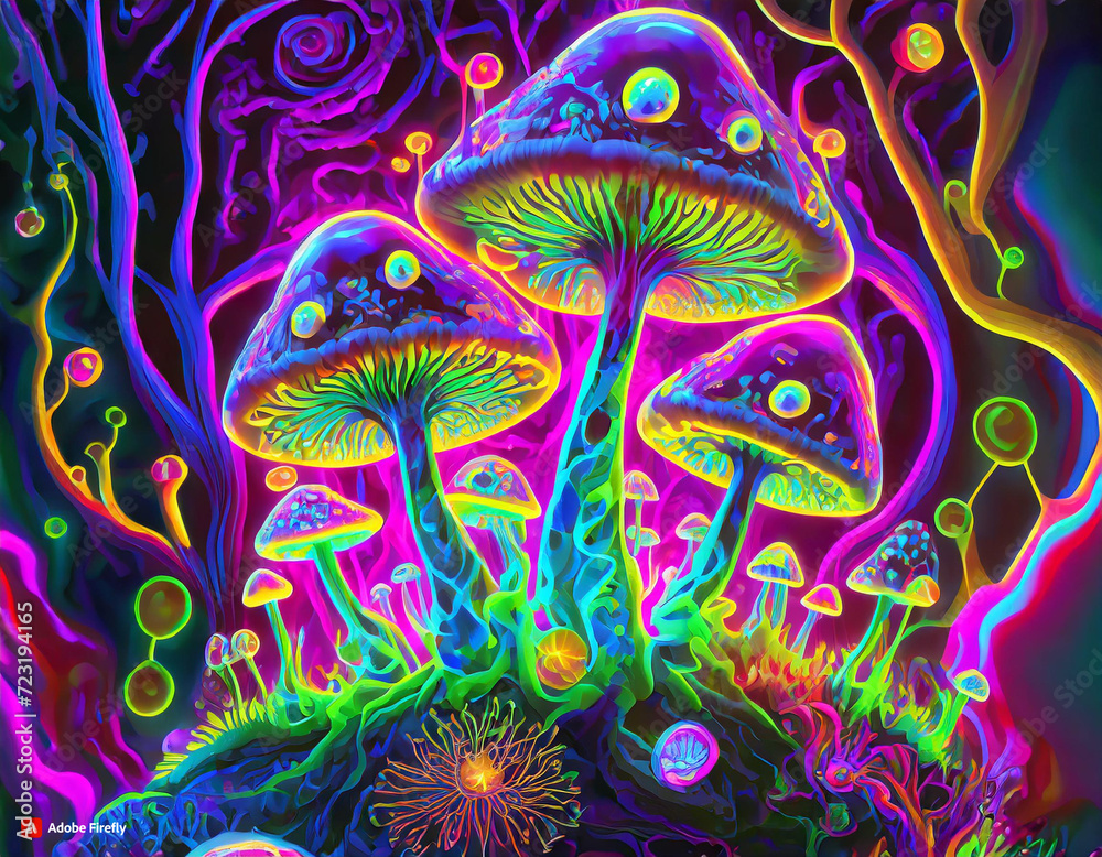 Magical neon mysterious mushrooms. Growing microorganisms. Fluorescent psicodelic - generated by ai