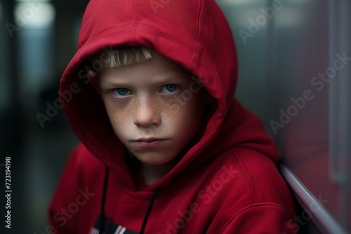 Intense Portrait of a Young Boy in a Red Hoodie photo