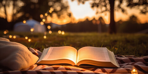 Enlightened Words: A Vintage Open Book on a Wooden Table in a Library, Bathed in Natural Light
