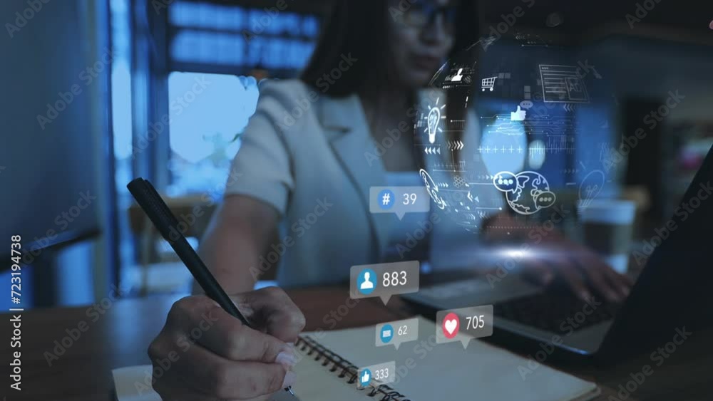 Businesswoman uses computer analyze SEO Search Engine
optimization, advertising, communication, digital, business, marketing, technology, digital marketing, online, , goals,ads, website, social media,
