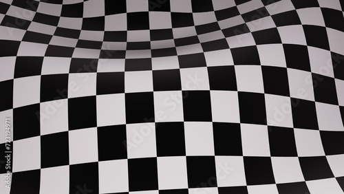 3d abstract black and white checkered background. Wave glowing neon light flag for race competition sport winning. Retro 80s 90s vintage style.