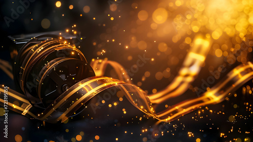 Golden film reels with sparkling light effects. photo