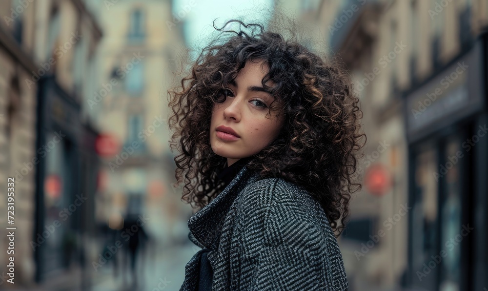 Fototapeta premium A portrait of a beautiful young woman with curly hair, wearing a coat