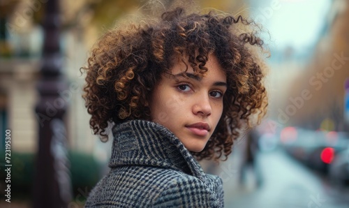 A portrait of a beautiful young woman with curly hair, wearing a coat.