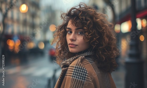 A portrait of a beautiful young woman with curly hair, wearing a coat photo