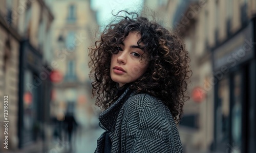 A portrait of a beautiful young woman with curly hair, wearing a coat