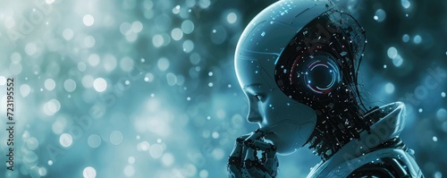 Side view of amazing humanoid head representing future technology and artificial intelligence with free space for your text. Artificial intelligence theme. photo