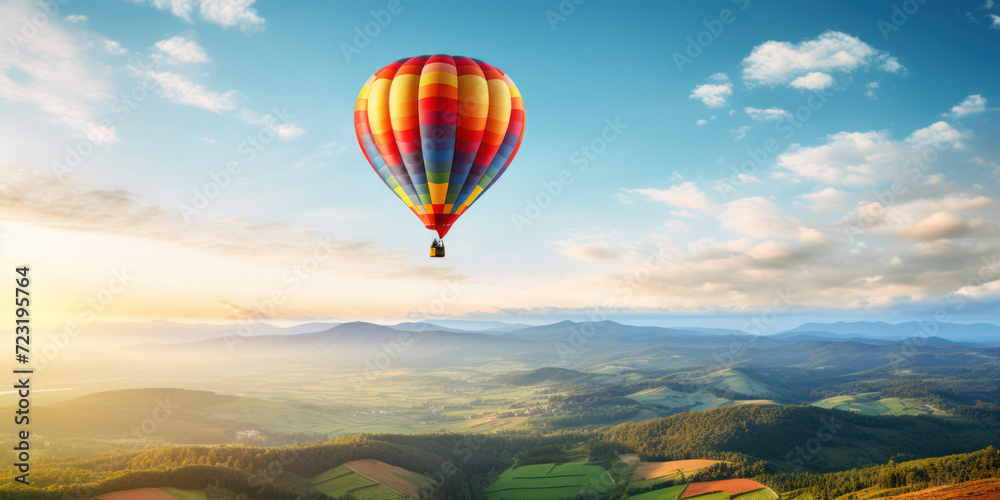 Fototapeta premium High-Flying Colorful Balloon: A Journey of Freedom and Adventure in the Scenic Mountain Landscape