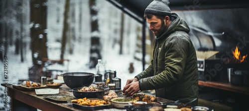 Winter forest camping man cooking at tent camp in the snowsurvival and people concept.