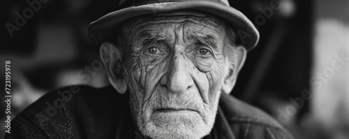 Black and white portrait of an old charismatic man with wrinkles photo