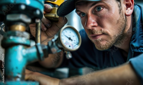 Plumber is checking water pressure with pressure gauge of leaky pipe in the boiler room during the afternoon. photo