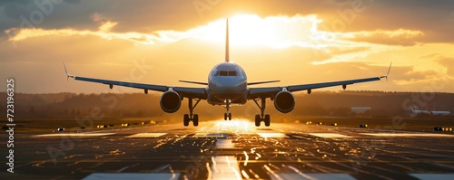 An airplane is landing on runway, amazing afternoon sun shining background .