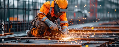 Construction worker is welding iron structure on construction site, wearing orange and yellow reflect working suit with safety helmet.