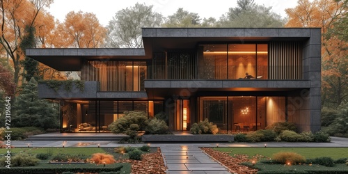 Modern gray stone home with...