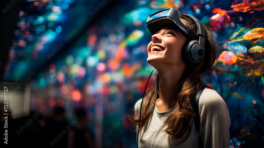 Una joven inmersa en una experiencia de realidad virtual, con unos auriculares puestos y participando en una visita virtual a un museo. Una joven inmersa en una experiencia de realidad virtual, con unos auriculares puestos y participando en una visita virtual a un museo.