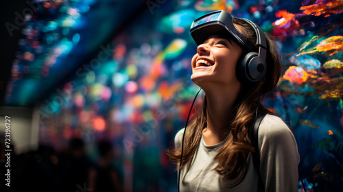 Una joven inmersa en una experiencia de realidad virtual  con unos auriculares puestos y participando en una visita virtual a un museo.