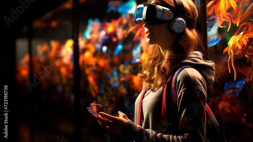 Una joven inmersa en una experiencia de realidad virtual, con unos auriculares puestos y participando en una visita virtual a un museo. photo