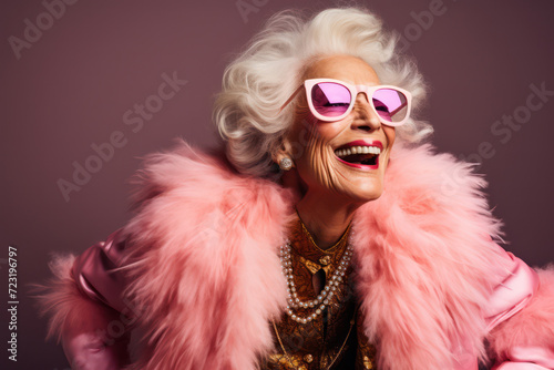 Joyful Grandma, Fashionable and Cool, Posing with Confidence in a Modern House Background
