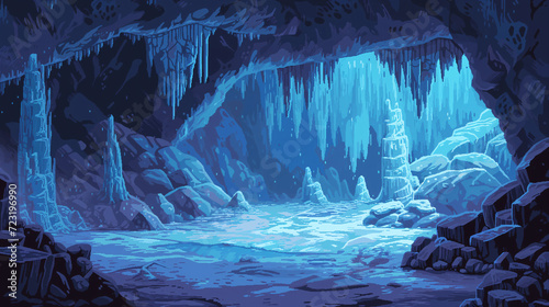 pixel art of ice cave dungeon background battle scene in RPG old school retro 16 bits, 32 bits game style