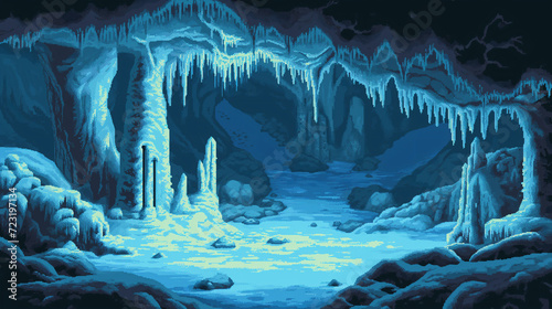 pixel art of ice cave dungeon background battle scene in RPG old school retro 16 bits, 32 bits game style photo