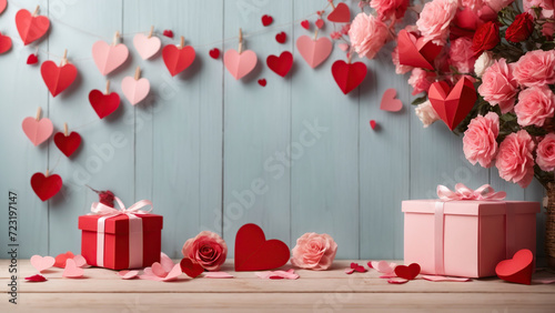 Charming Valentine's Day Greeting Card with Gifts, Hearts, Ribbons, and Flowers on a Grey-Blue Background