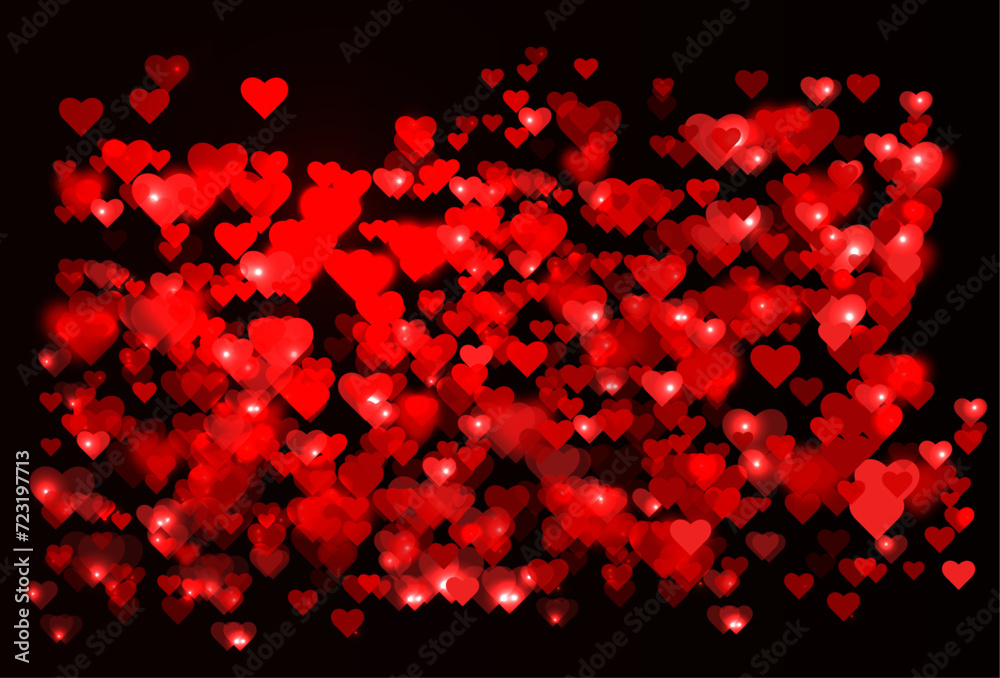 Black greeting card banner with red shiny glowing hearts with bokeh effect