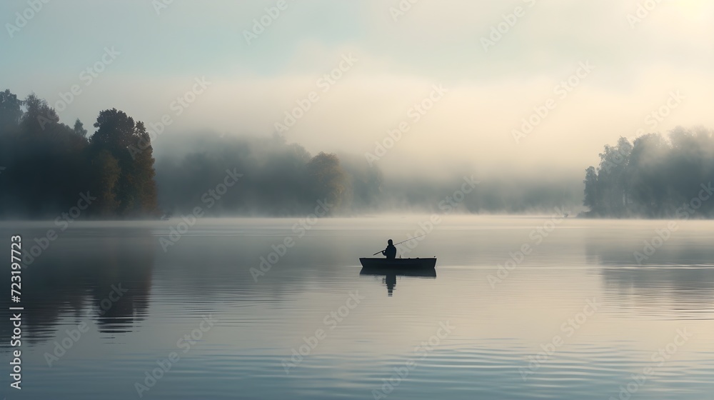 Serene Morning on a Misty Lake with Solitary Fisherman