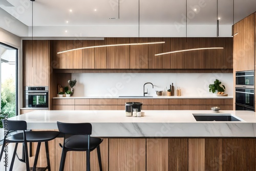 A modern, minimalist kitchen with sleek appliances, clean lines, and abundant natural light, showcasing a perfect balance of functionality and aesthetic appeal
