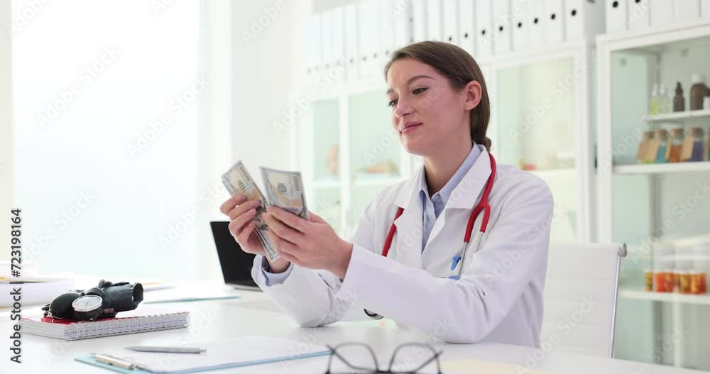 Beautiful woman doctor counts money in medical clinic Beautiful woman doctor counts money in medical clinic