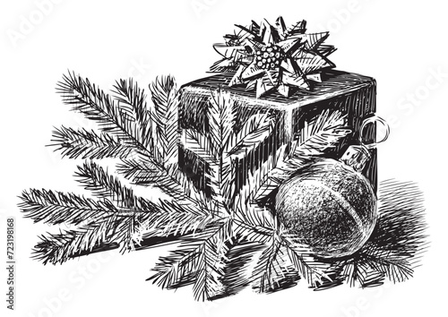 Sketch of gift box with bow, christmas tree branch,decoration ball, vector hand drawing isolated on white