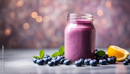 Blueberry jogurt smoothie in glass jar, copy space 