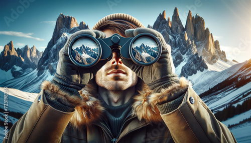 An adventurer wearing winter gear looks through binoculars at the majestic snowy peaks during the golden hour.Beautiful mountain landscape in the background and binoculars.Travel concept.AI generated. photo