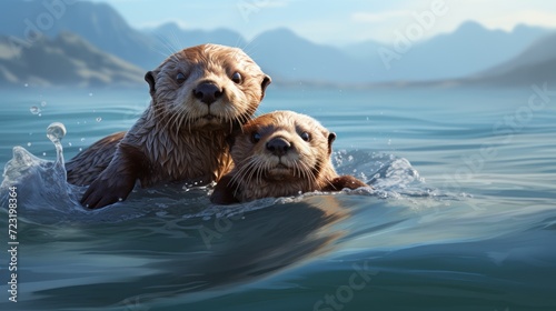 Two otters swimming in a body of water. The water is blue and they are in front of mountains. The otters are facing the camera and are brown in color. © ProPhotos