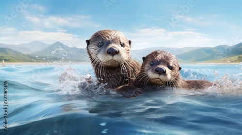 Two otters swimming in a pond. The water is blue and wavy and the otters are brown. They are located close to each other, one on the left, the other on the right.