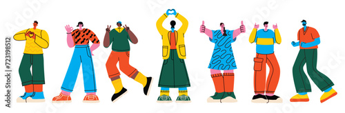 Happy positive people. Man and woman team gesturing with hands, fingers. Love, support, solidarity, ok expressions. Flat graphic vector illustration isolated on white background