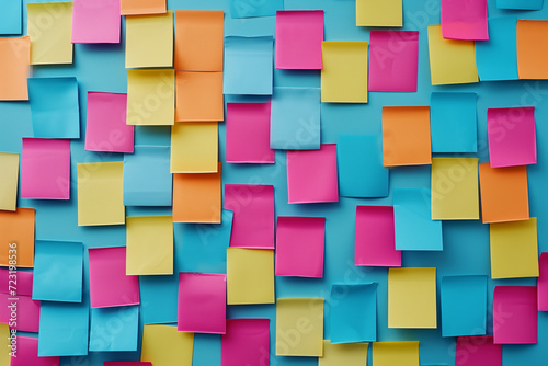 Colorful abstract background pattern of empty sticky notes, colorful set of blank sticky notes stick on the wall, colorful empty blank sticky notes pasted on an office notice board, blank note paper